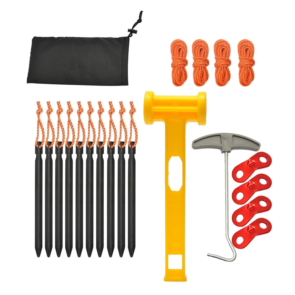 Secure Your Tent with 10xAluminum Stakes 4xNylon Guyline Rope 1xHammer Lightweight Camping Accessories for Outdoor Use