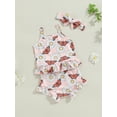 thumbnail image 4 of vera natura Baby Girl Summer Outfits Floral Butterfly Print Square Neck Cami Tops with Ruffled Shorts and Bow Headband, 4 of 8