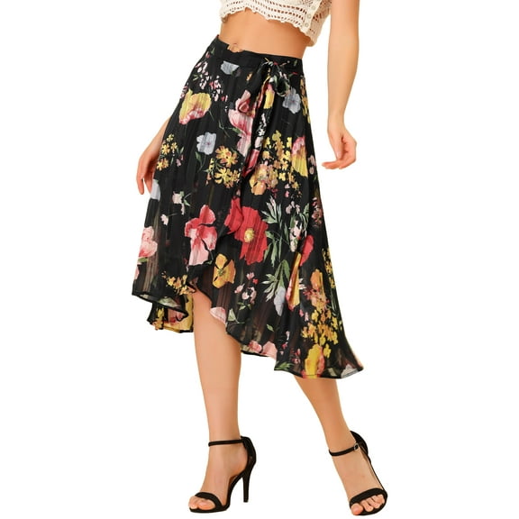 MODA NOVA Junior's Floral High Waist Tie Asymmetric Hem Chiffon Midi Skirt