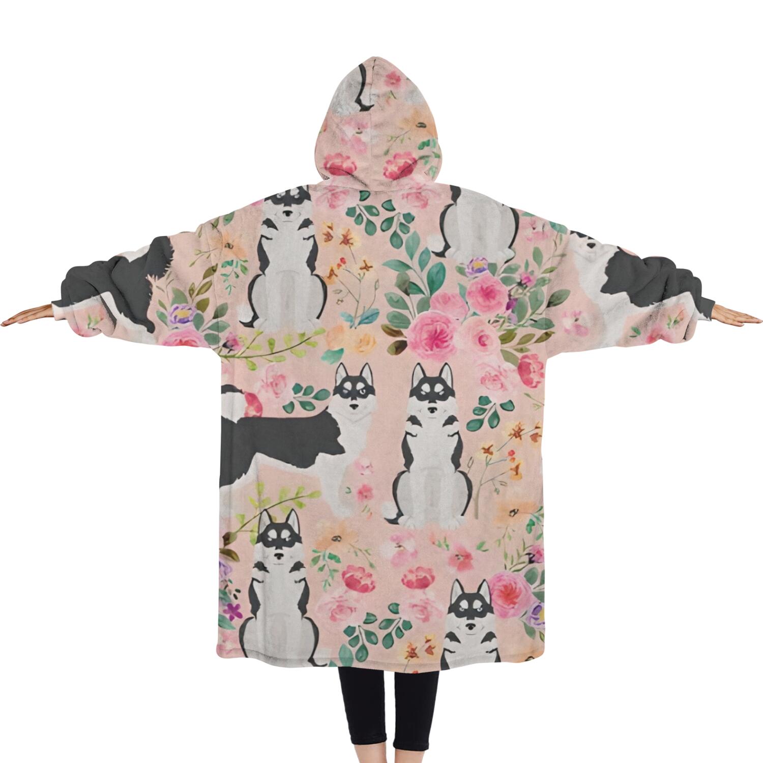 Oversized Wearable Blanket Hoodie,Husky Dog Flower Floral Sherpa Blanket Hoodie with Super Pockets,Super Warm Fuzzy Pullover for Women & Men