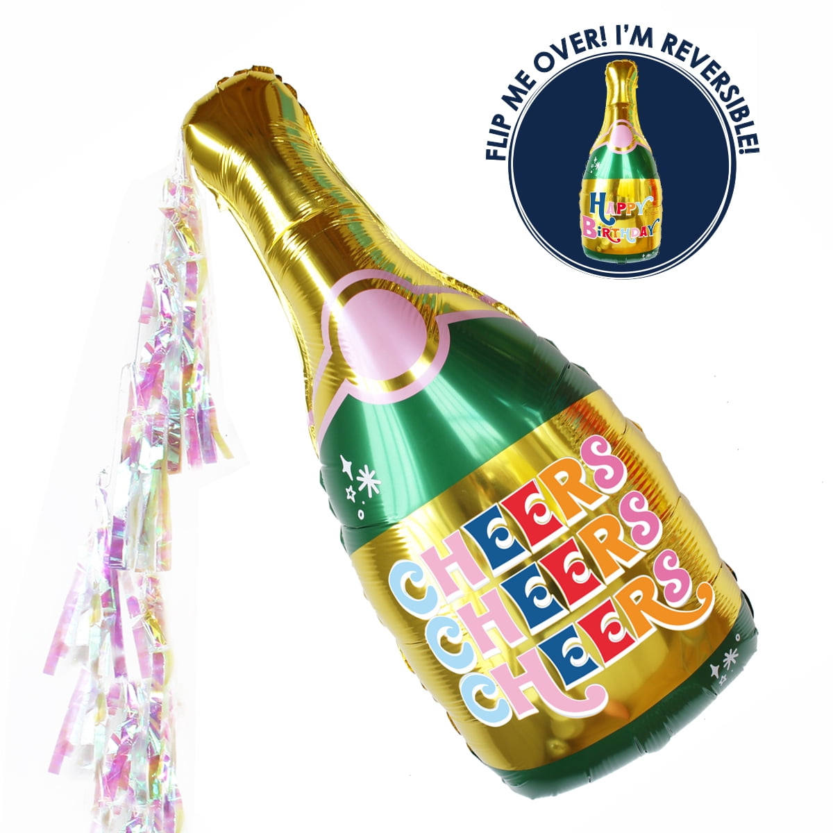 Packed Party Reversible Champagne Statement Balloon with Iridescent Tassels, Multi-Color, 3 ft. Tall