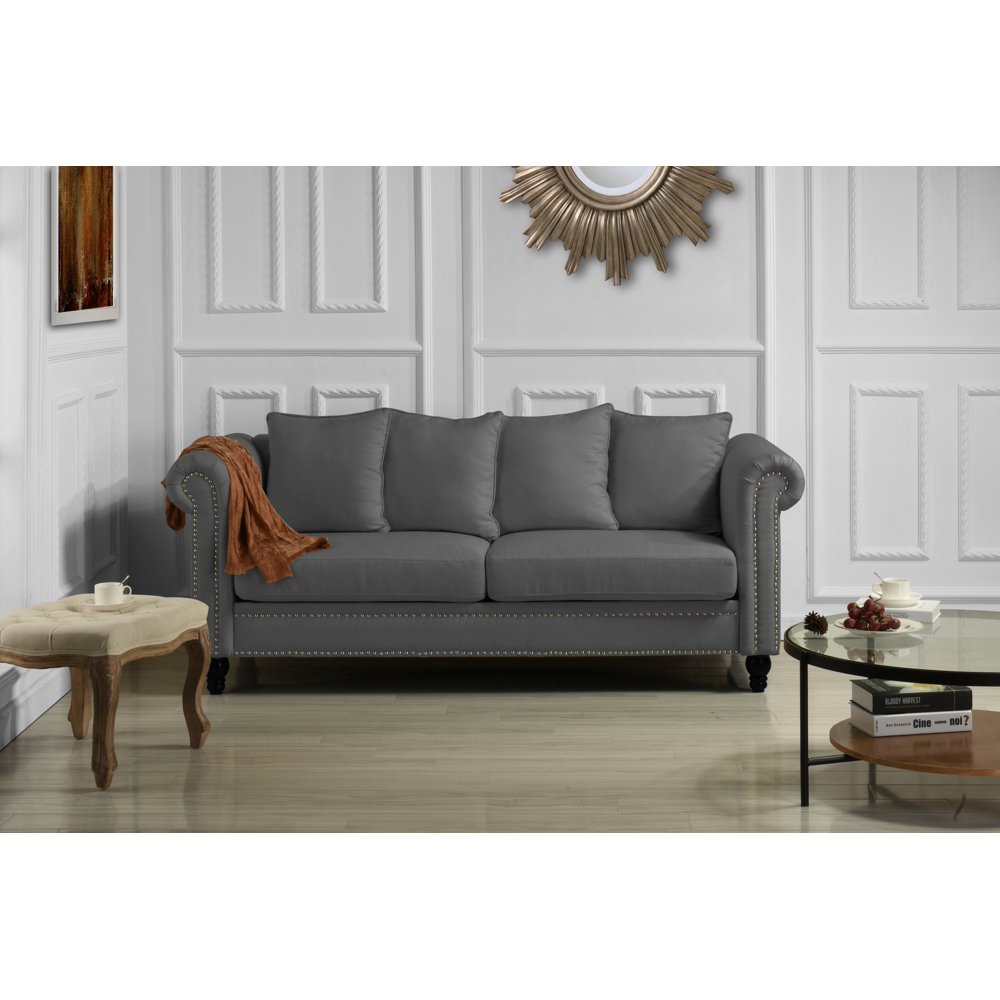Classic Chesterfield Scroll Arm Linen Living Room Sofa with Nailhead
