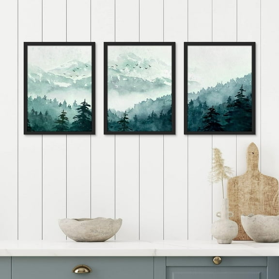PixonSign Framed Canvas Print Wall Art Set - Pastel Snowy Mountain Pine Trees Art - Set of 3 Nature Wilderness Landscape Artwork Illustrations Wall Décor - 12"x16"x3 Panels Black