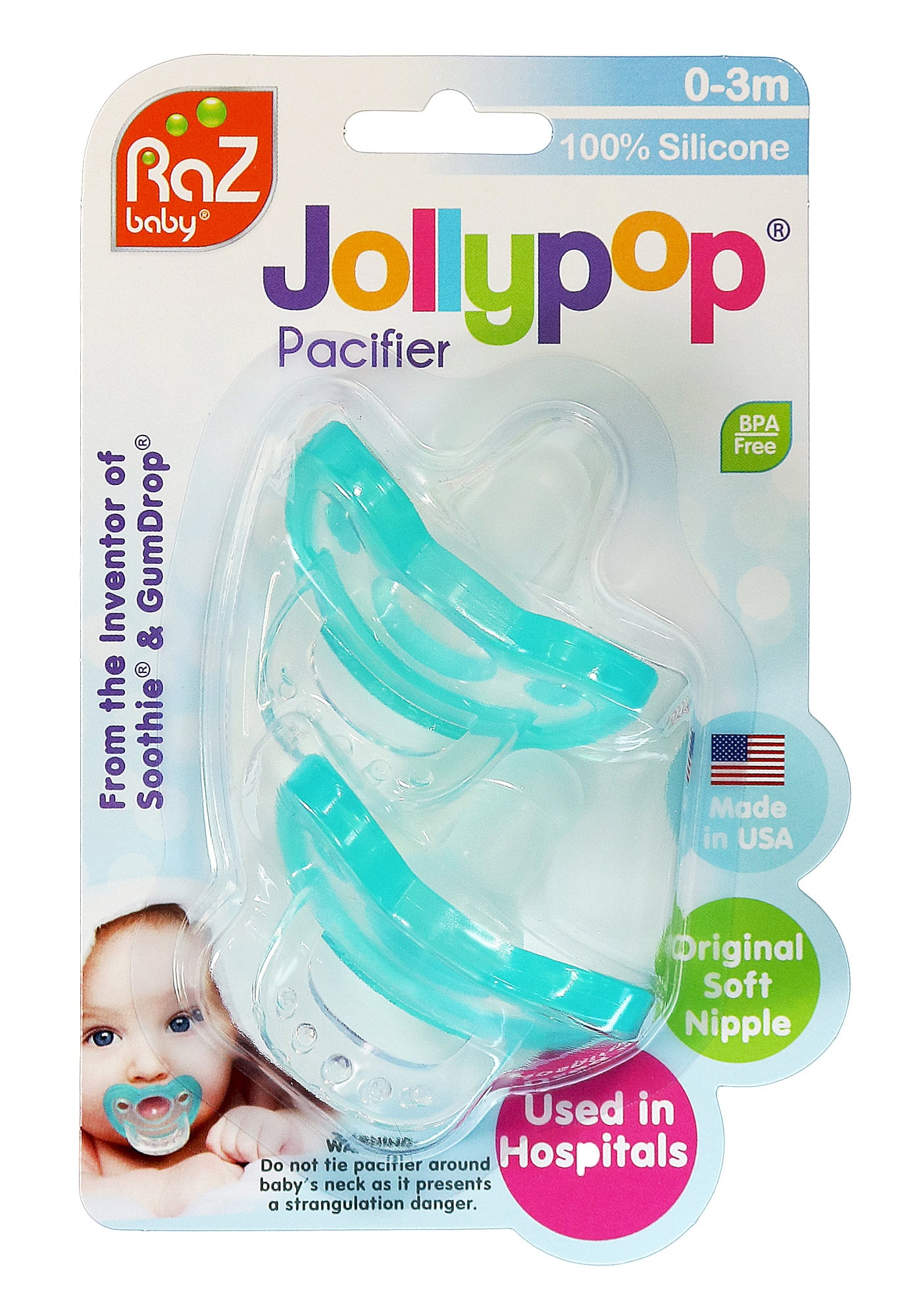 RaZbaby JollyPop Baby Pacifier Newborn Double Pack Teal 0-3m