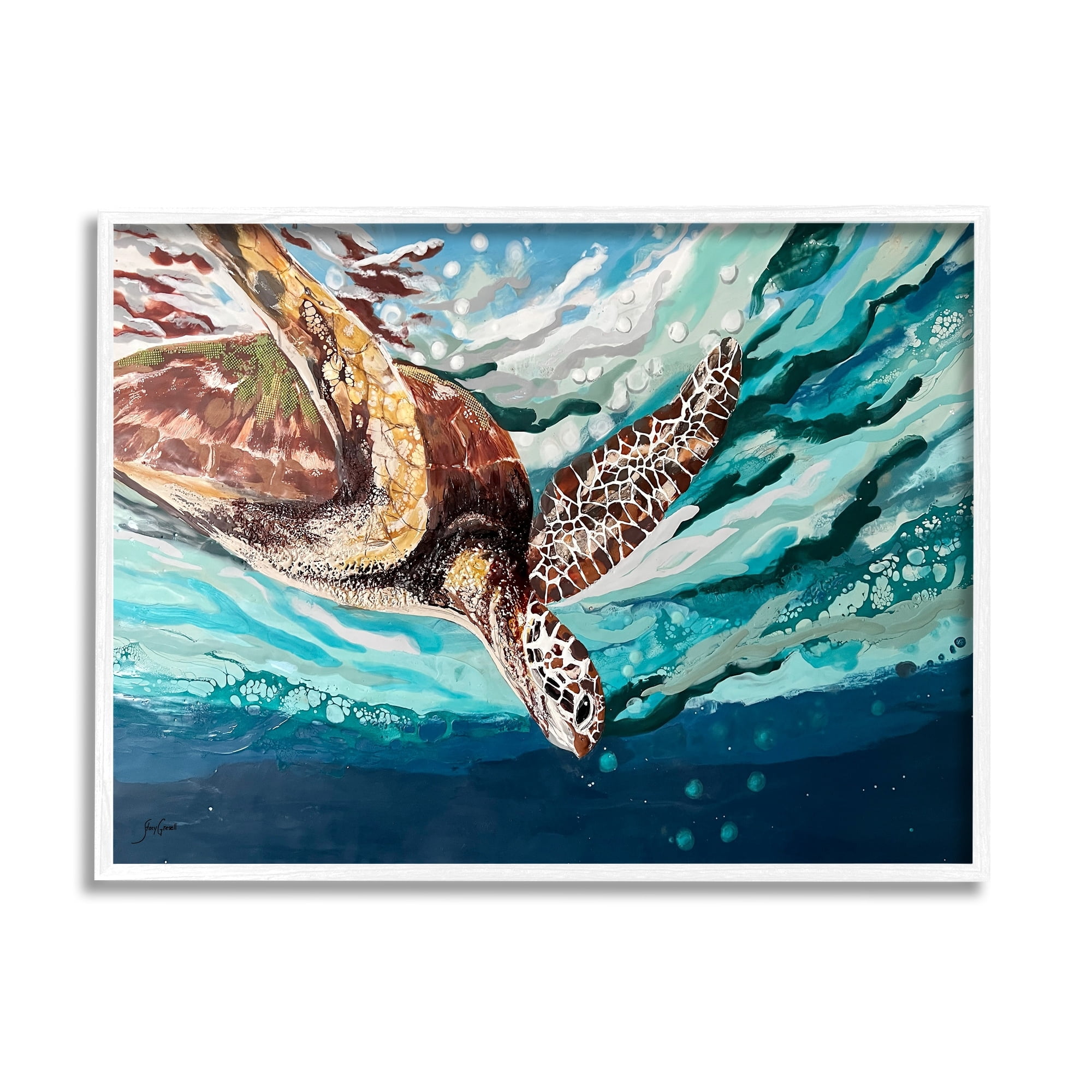 Stupell Industries Splashing Sea Turtle Diving Below Ocean Surface Painting White Framed Art Print Wall Art, Design by Stacy Gresell