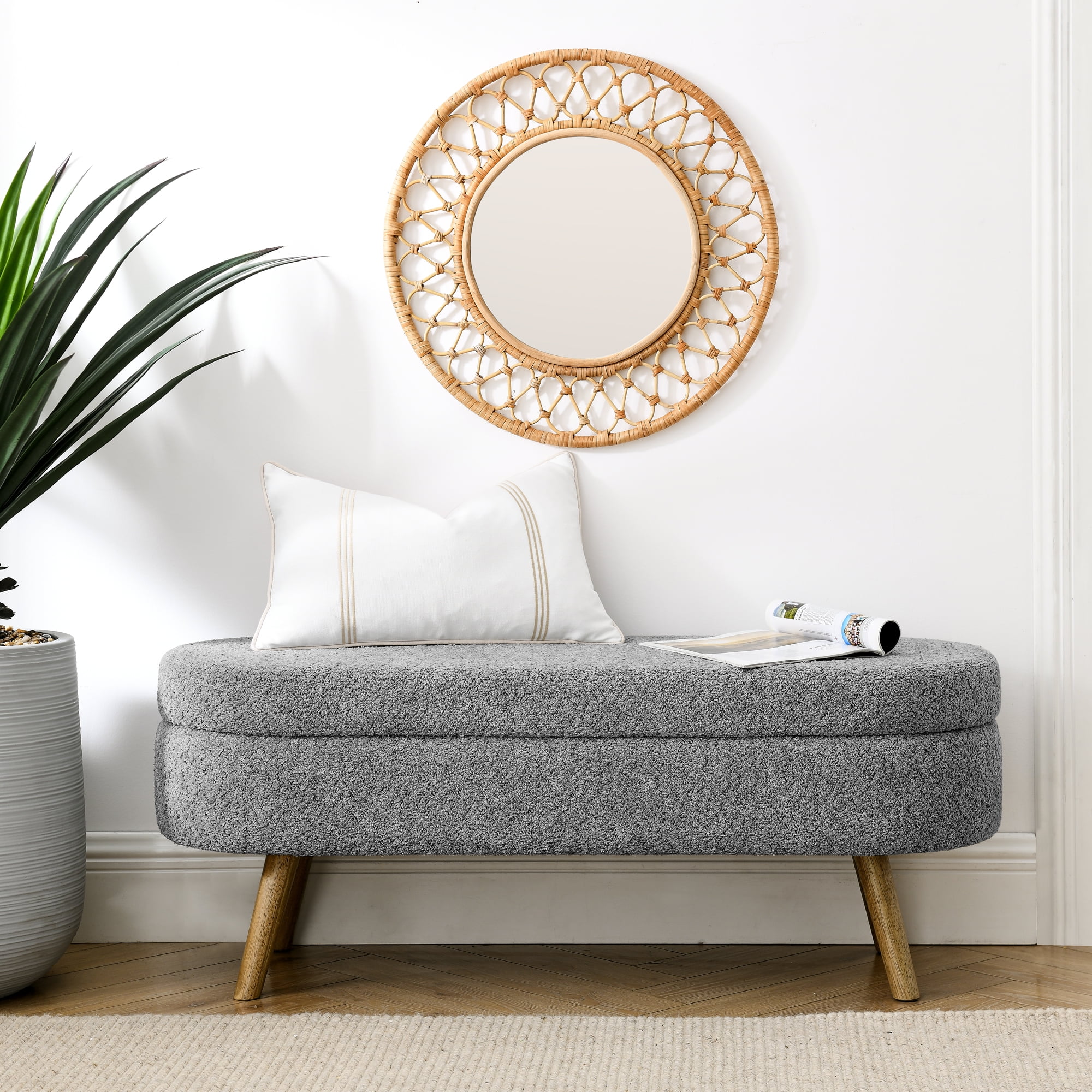 BSHTI Ottoman Oval Storage Bench,Rubber Wood Legs,Storage Bench with Cylindrical Arms and Iron Legs for Hallway Living Room Bedroom