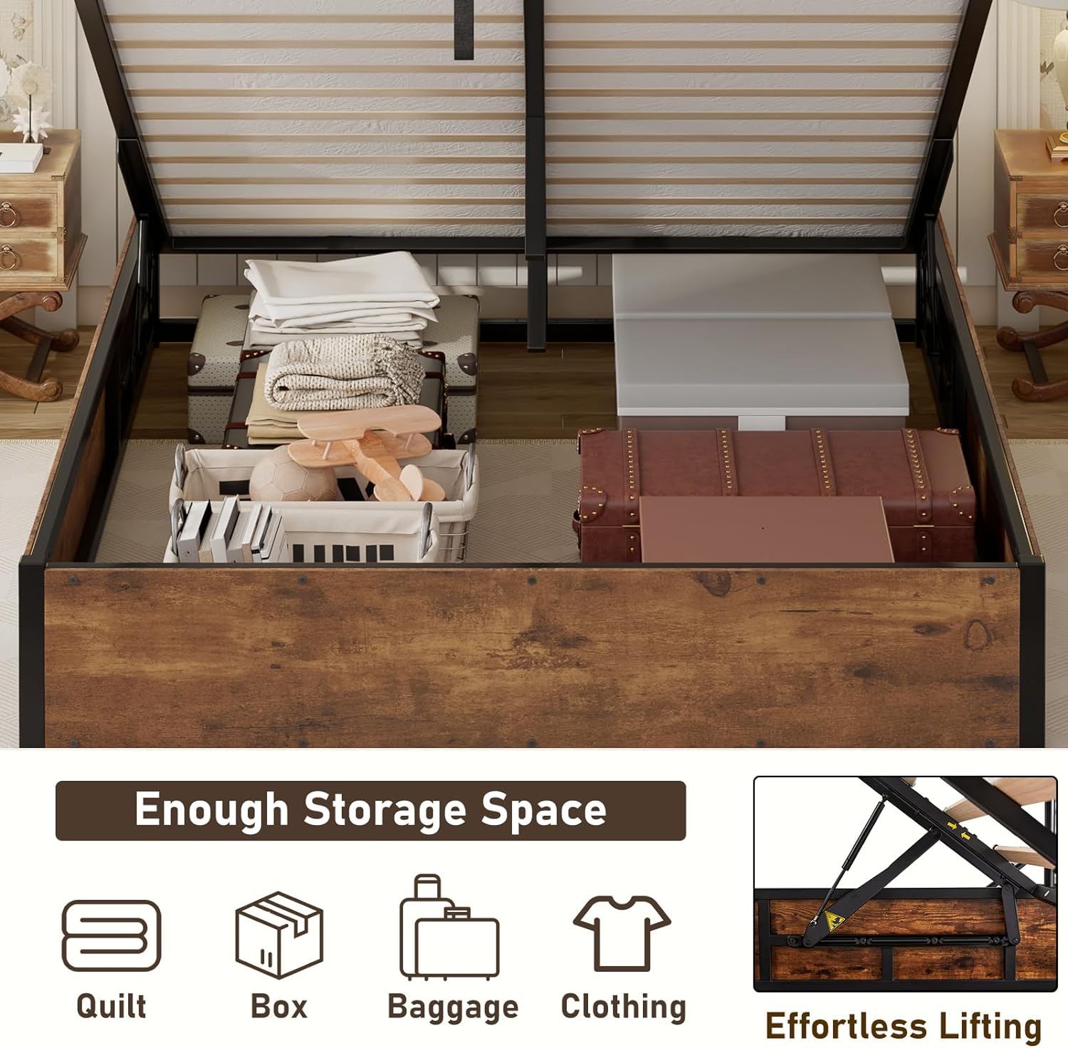 VANACC Queen Size Lift Up Storage Platform Bed Frame, Metal Bed Frame with Wooden Slats Support, No Box Spring Needed, Large Storage Space, Noise Free, Easy Assembly, Rustic Brown