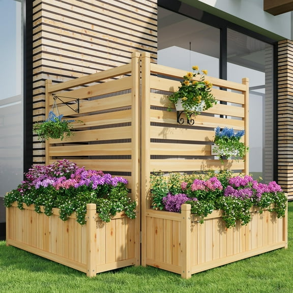 Outdoor Privacy Screen with Planter Box, 34x40 Inch 2-Panel Wooden Fence for AC Unit & Trash Cans | Decorative Yard & Patio Cover for Pool Equipment, Air Conditioner, and Backyard Decor