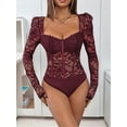 thumbnail image 2 of Women'S Sheer Floral Lace Long Sleeve Bodysuit Top Sweetheart Neck Bodysuit Wine Red L, 2 of 8