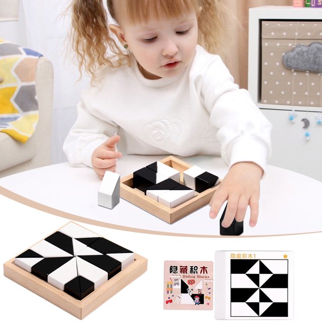 Liquidación de rompecabezas de bloques ocultos de madera para niños Staron (negro), rompecabezas de bloques ocultos de madera para niños, educación temprana, entrenamiento de pensamiento lógico,