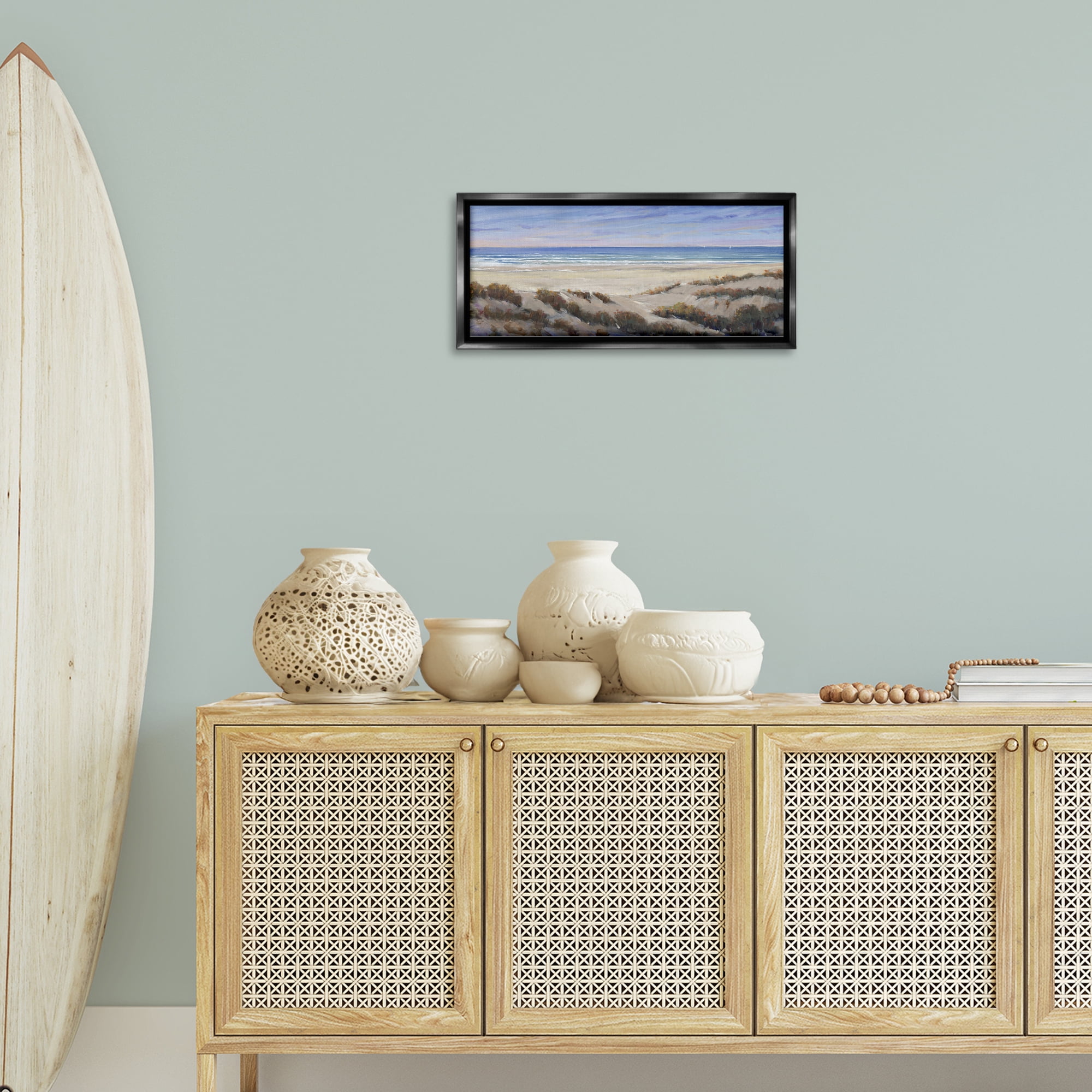 Stupell Industries Grassy Beach View Nautical & Beach Painting Black Floater Framed Canvas Art Print Wall Art, 25 x 11