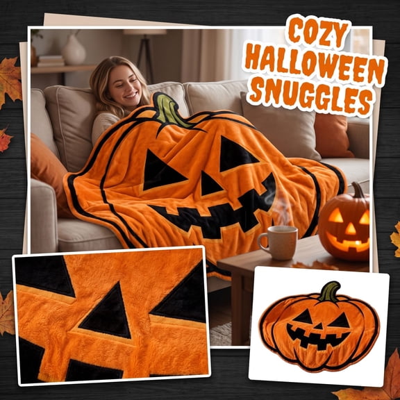 Halloween Pumpkin Shaped Throw Blanket, 59"x59" Orange Jack-O'-Lantern Fleece Blanket with Black Face, Spooky Fall Decor for Sofa & Bed (Orange ,59"x59")