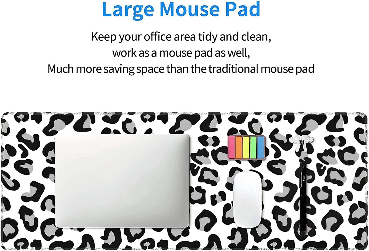 White Leopard Print Gaming Mouse Pad XL Cute Grey Cheetah Texture Extended Large Desk Cover Big Table Mat Non-Slip Rubber Base Stitched Edge Long Keyboard Playmat for Gamer,31.5×11.8 Inches