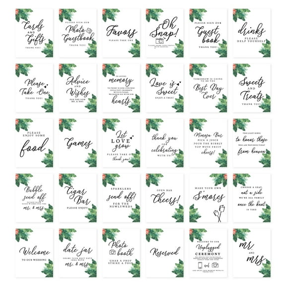 Koyal Wholesale Tropical Leaves Wedding Signs Bundle Set for Ceremony, Reception Decor Signage, 8.5 x 11", 30-Pack