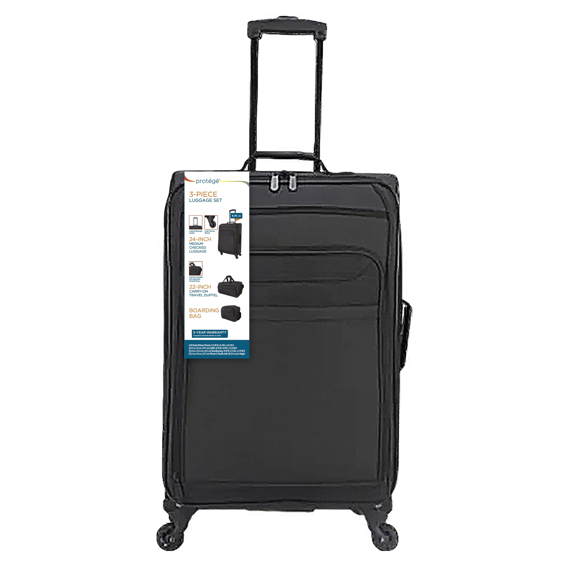 Protege Black 3-Piece Softside Luggage Travel Set, Includes Medium 24-inch Checked Luggage, 24-inch Carry-On Duffel and a Boarding Tote