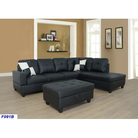 Amanda Sectional Sofa Couch,L-Shaped Modern Style with Storage Ottoman 3-Piece for Living Room | Faux Leather (Right Hand Facing, Black)