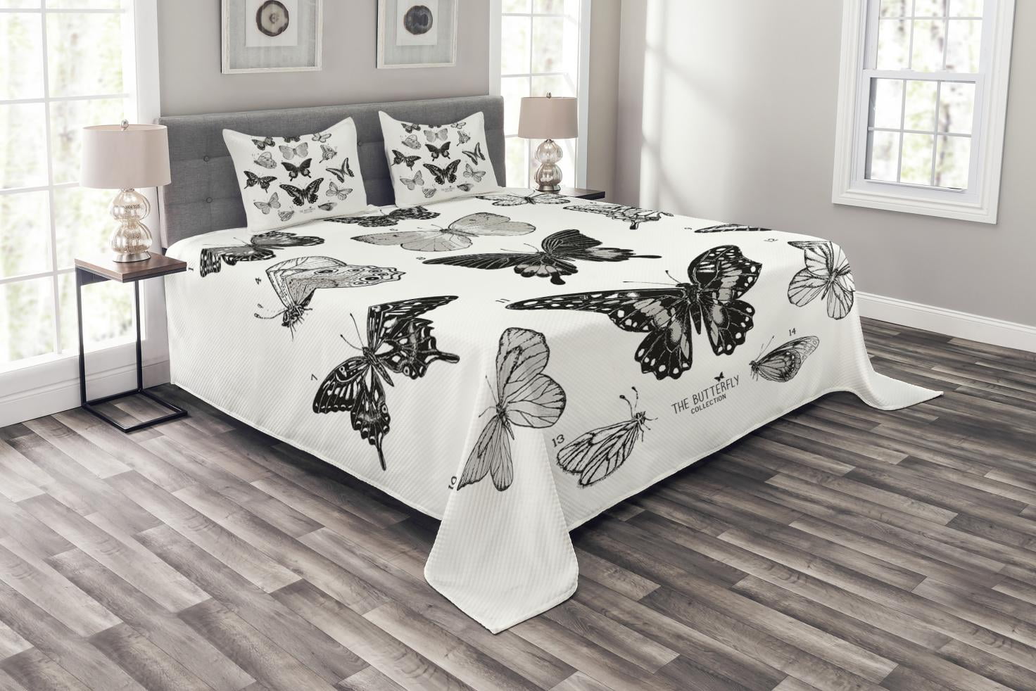 Butterfly Bedspread Set, Spring Arrangement of Hand Drawn Butterflies Modern Realistic Artwork