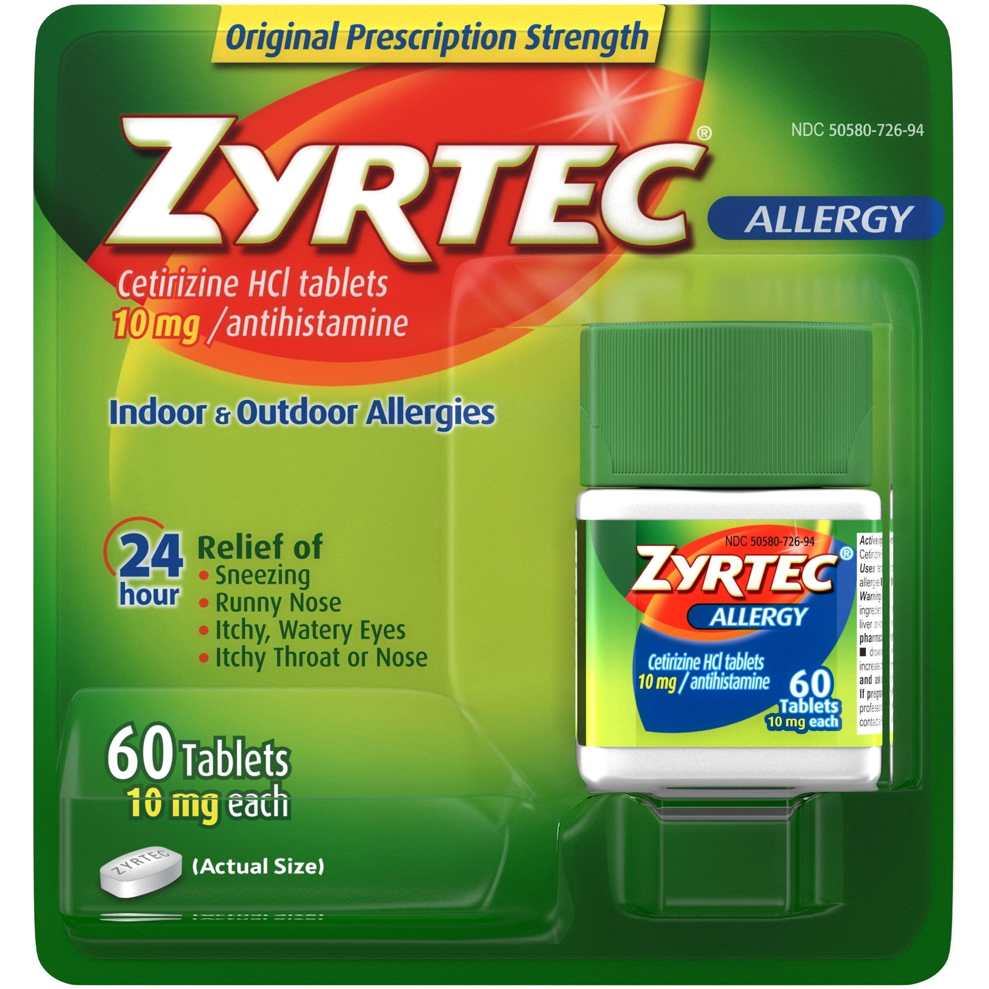 Zyrtec 24 Hour Allergy Relief Tablets, 10 mg Cetirizine HCl Antihistamine Allergy Medicine 60 ct (Pack of 6)