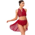 thumbnail image 2 of YiZYiF Women's Lyrical Dance Set Shiny Rhinestones Crop Top with Skirt 2-Piece Modern Dancing Dress Burgundy L, 2 of 7