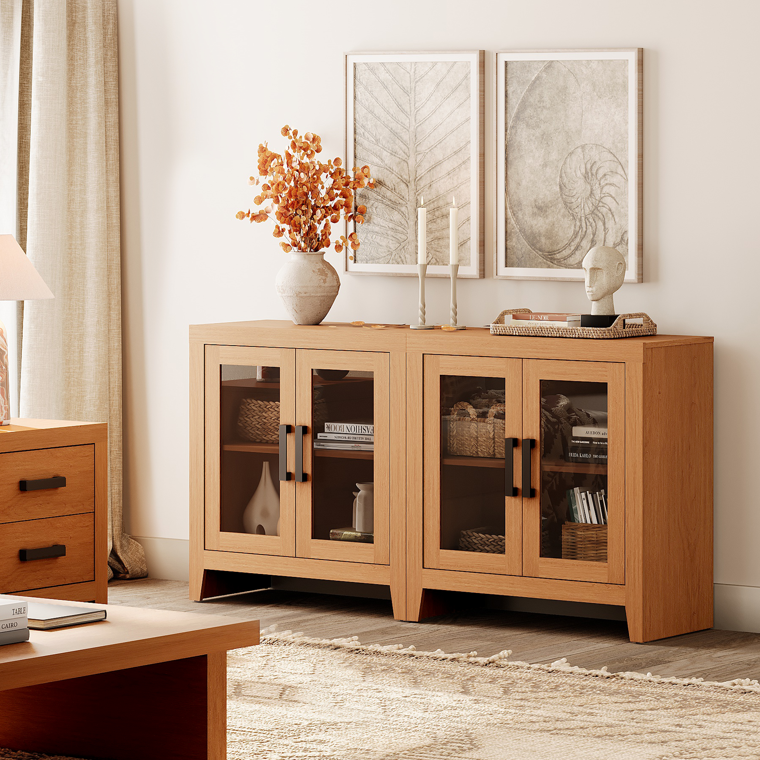 WAMPAT Modern Farmhouse TV Stand up to 70"TV, Entertainment Center with Tempered Glass Doors & Adjustable Shelves, Mocha