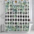 thumbnail image 3 of Daisy Eucalyptus Leaf Shower Curtain for Bathroom Decor, Summer Flower Black White Plaid Waterproof Fabric Shower Curtain, 72"x96" Set with 12 Hooks, 3 of 9