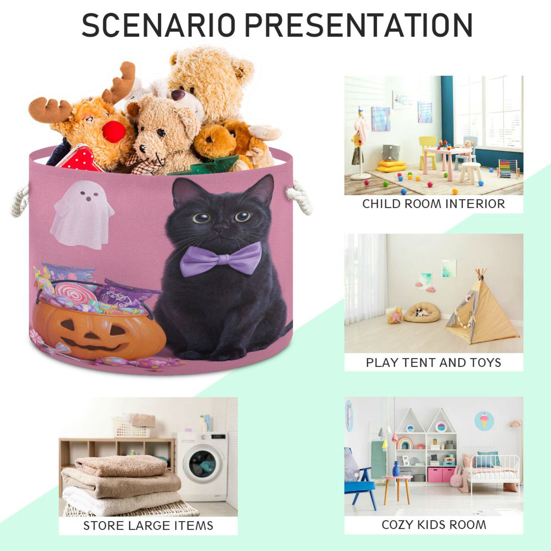 Round Toy Storage Basket Foldable Storage Basket for Home Decor Laundry Basket20" x 14" Bow Tie Black Cat