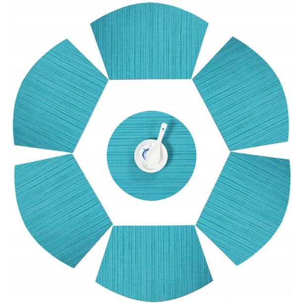 Mantel Individual Tapete para Mesa Redonda Tapete para Café Tapete para Mesa de Cocina Mantel Individual de PVC Impermeable, a Prueba de Aceite y Resistente al Calor Azul 48 * 33 CM 7 Piezas (6 * Sector + 1 * Redondo) ER ER