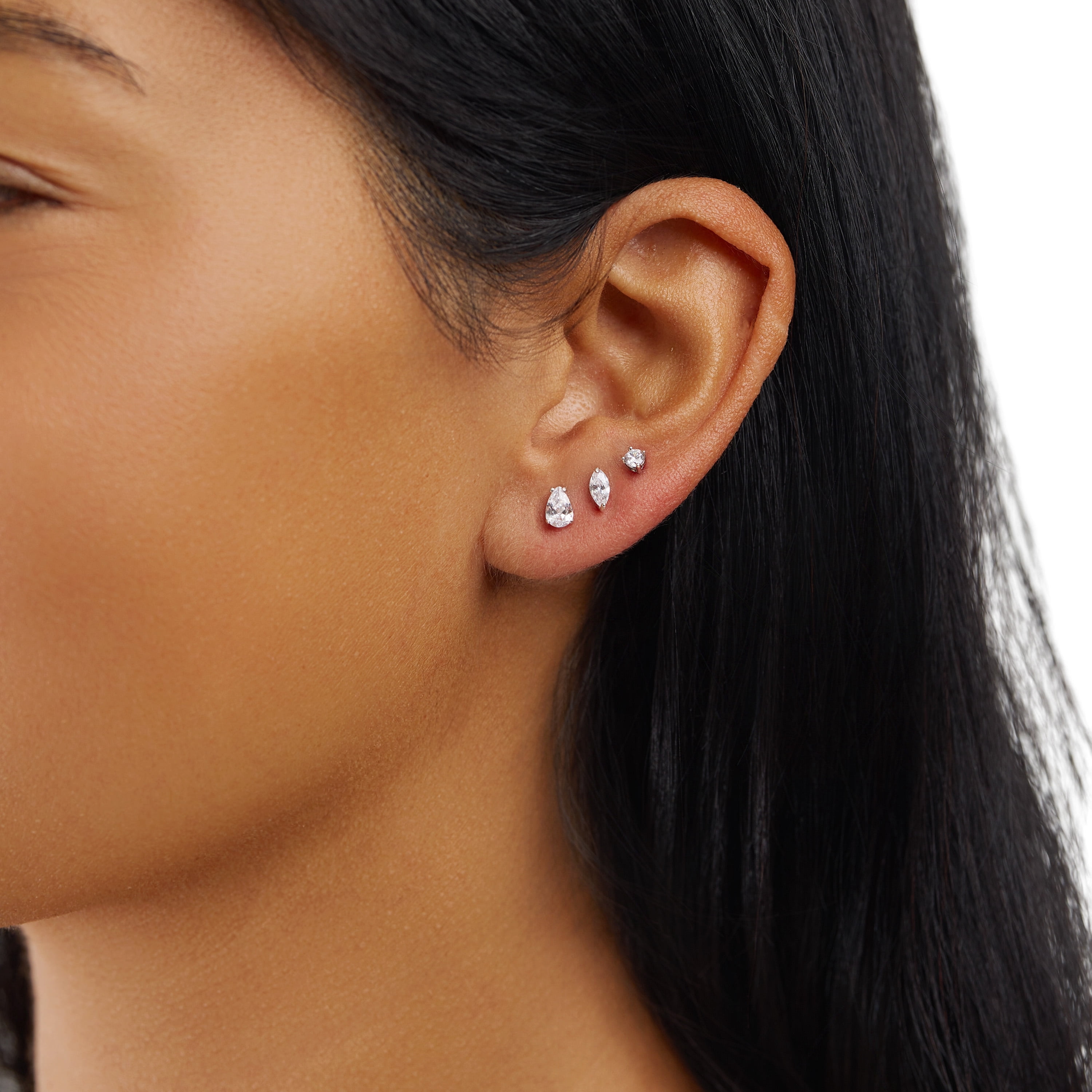 Marisol & Poppy Cubic Zirconia 3-Piece Stud Earrings Set in Sterling Silver for Women & Teens