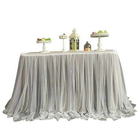 

Solid Color Ice Silk Table Skirt With Swiss Yarn Table Skirt Comes With A Tablecloth Easy To Install Table Skirt For Wedding Dessert Birthday Opening Activity-Grey A-1x0.8m
