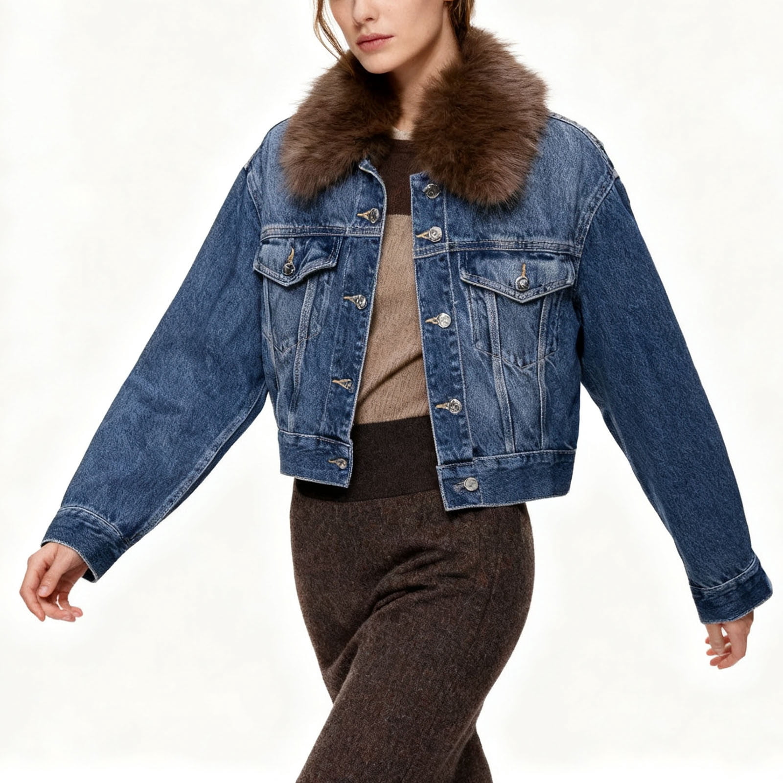 Oksale Cropped Jean Jacket for Women Faux Fur Collar Button Denim Jacket with Pockets Loose Long Sleeve Outerwear Streetwear Fashion Clothing Blue L