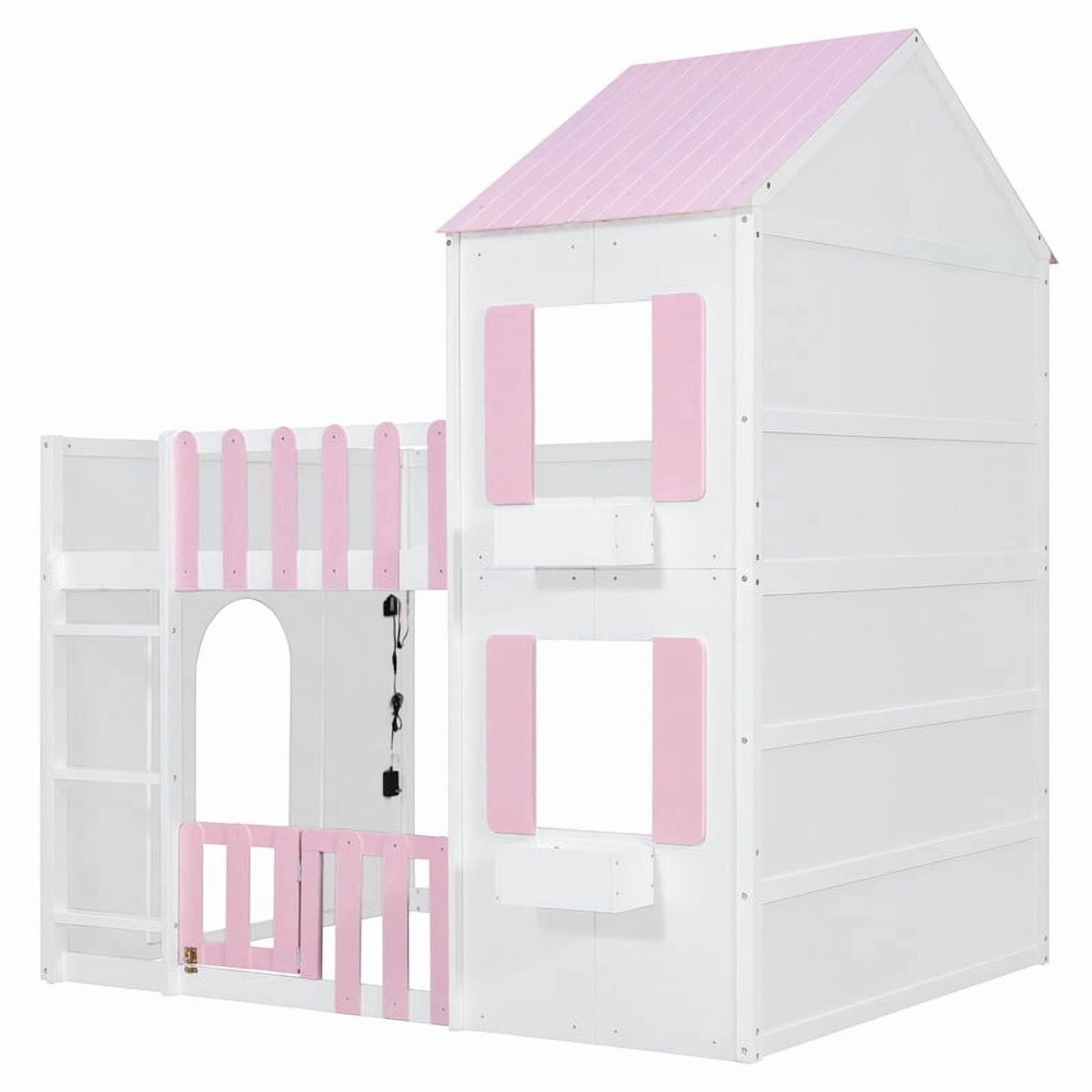 Full over Full House-Shaped Bunk Bed with Roof and Window, Kids/Teens Playful Designed Bed Frame with Fence and LED Light