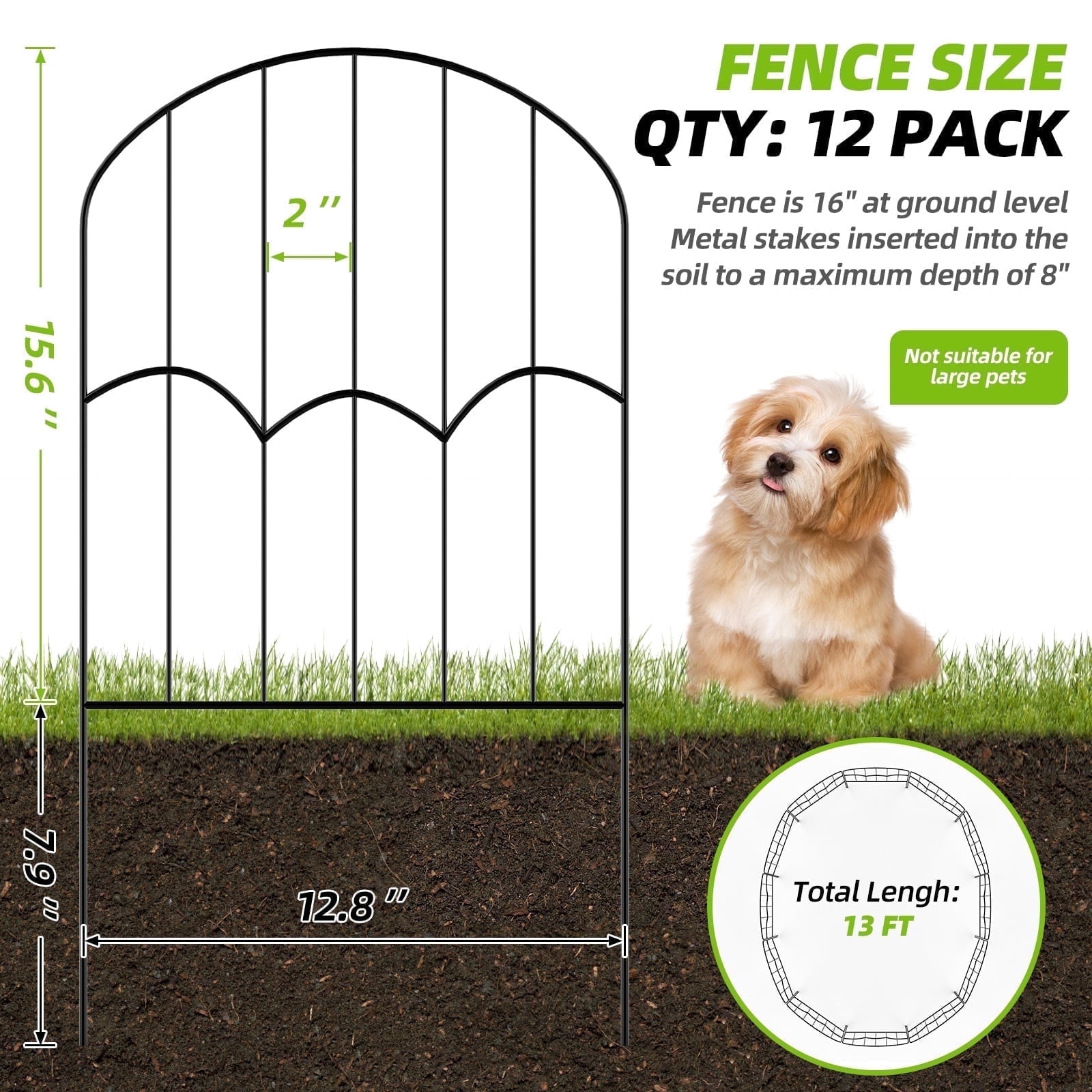 Garden Fence Metal Rustproof Decorative Fence, 12 Pack Black 13''L x 23"H , Arched