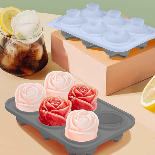 Bandeja de cubitos de hielo de rosa con tapa - molde de silicona en forma de rosa de 1,65 pulgadas para whisky, cócteles, café y agua - rosa, verde, gris