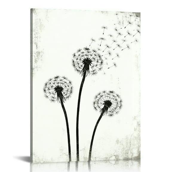 Canvas Print Wall Art Black & White Grunge Dandelion Flower Set Nature Plants Digital Art Modern Art Rustic Dramatic Dark Duotone for Living Room, Bedroom, Office 16x24in