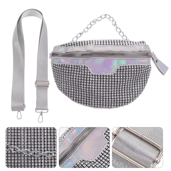 Supvox Belt Bag Purple Women Checked Pattern Fanny Pack Silver Pu Metal Plastic 1Pcs
