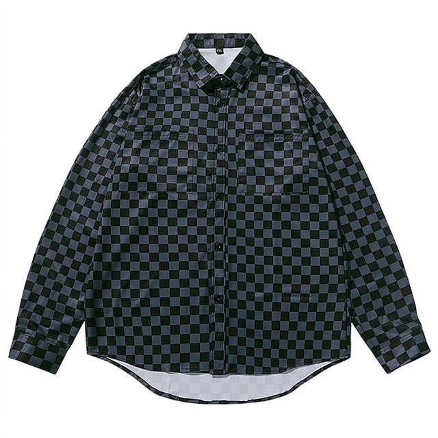 Camisa a cuadros para hombre Manga larga Suelta Casual Cuello vuelto con bolsillos Camisa a cuadros Outwear Negro L