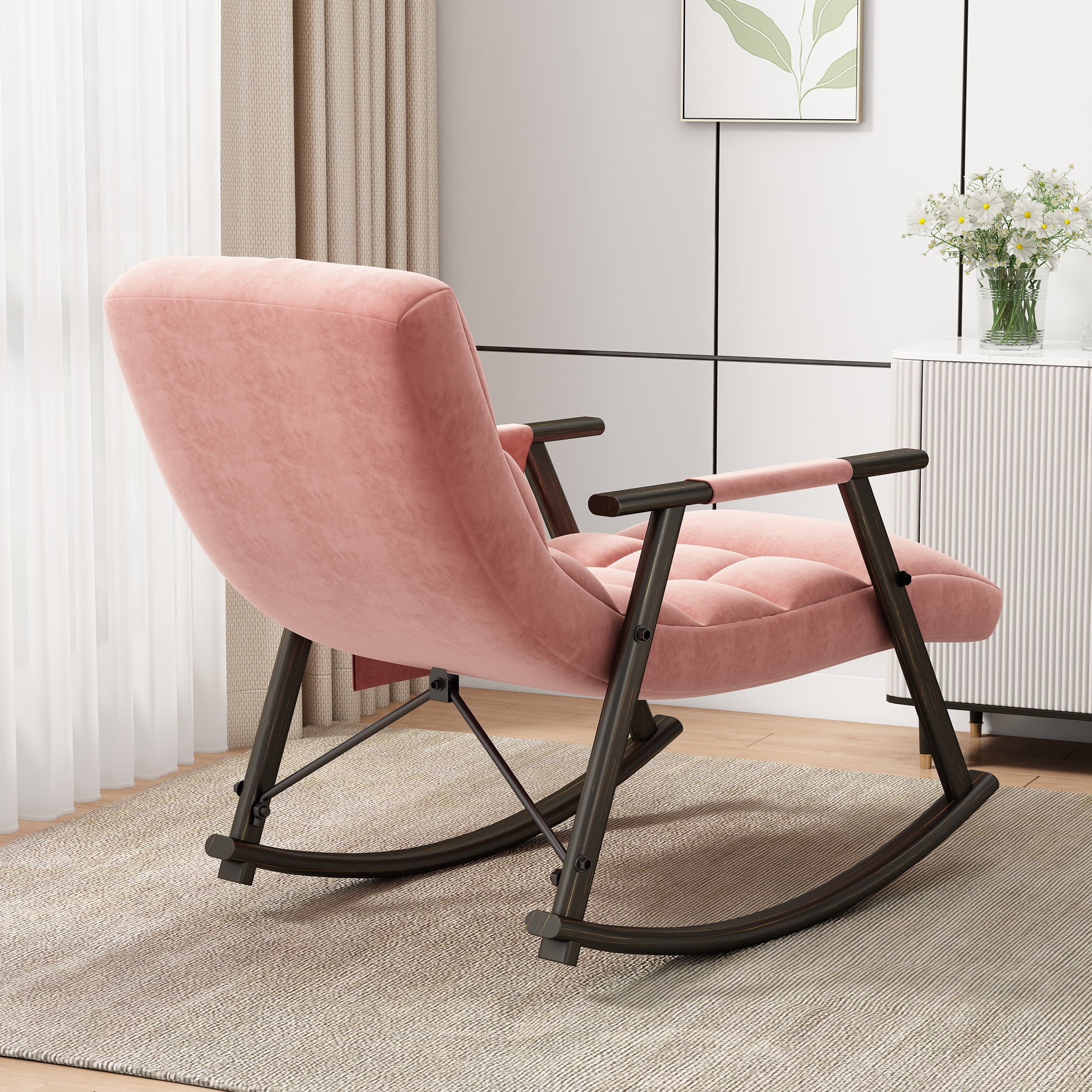 Aukfa Upholstered Rocking Chair, Lounge Chair w/ Adjustable Back & Foot Rest,GrayAdjustable Pink