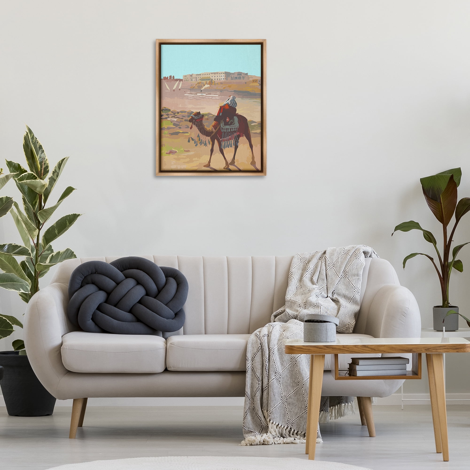 Stupell Industries Camel in Desert Town Landscape Painting Brown Floater Framed Art Print Wall Art, 25 x 31