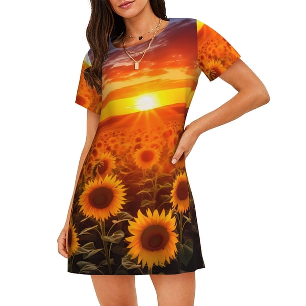 Disketp Sunset Golden Sunflower Field para Camisón Corto de Manga Corta para Mujeres, Camisón Cómodo con Escote Redondo, Bonito y Confortable