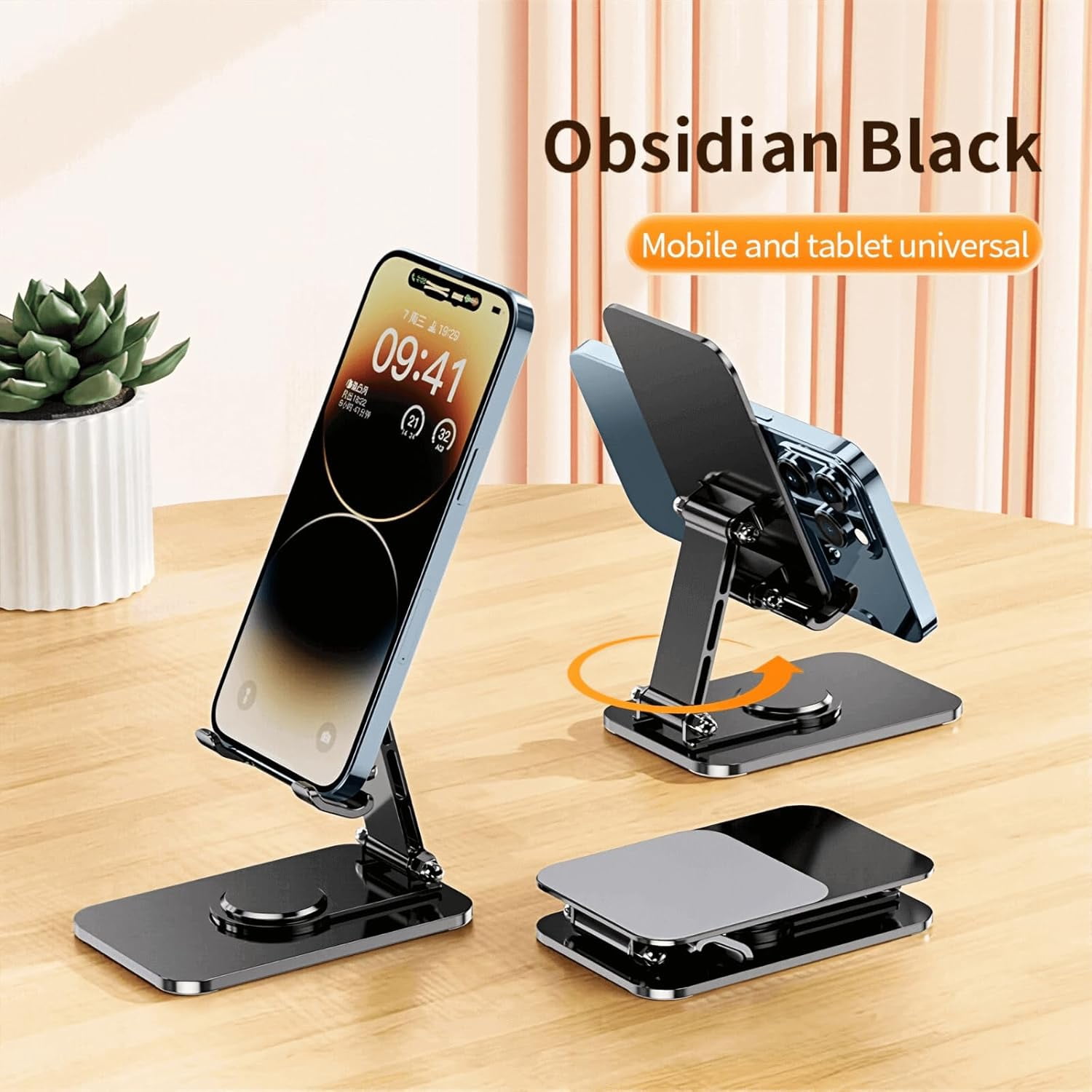4 Joints 360° Rotating Cell Phone Stand for Desk, Adjustable Folding Stand, Aluminum Alloy Arms & Steel Base, Non-Slip Silicone Pads, Scratch-Free iPhone Android, Black