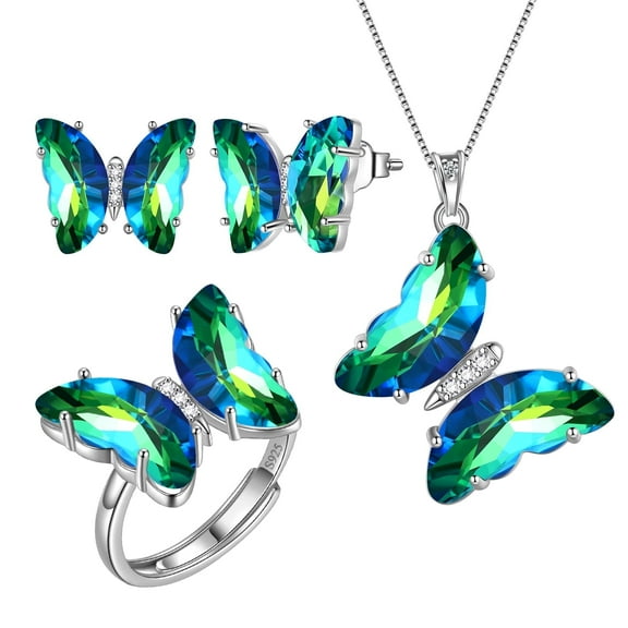Green Butterfly Jewelry Sets Earrings Necklace Ring, May Birthstone Jewelry Set Emerald Sterling Silver Women Birthday Mother's Day Gifts