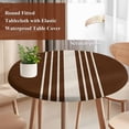 thumbnail image 4 of Brown Beige Striped Round Tablecloth, Fitted Table Cover with Elastic for 36"-44" Round Tables, Modern Farmhouse Retro Lines Table Cloth Outdoor Indoor Dinning Party Waterproof Tablecloths, 4 of 7