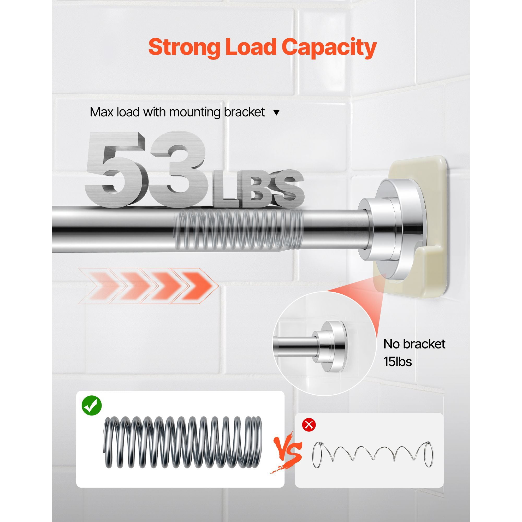 Tension Shower Curtain Rod, 28-76 Inch Adjustable Stainless Steel, 53 lbs Load Capacity with Brackets, Drill-Free Installation, Rust-Resistant for Bathroom