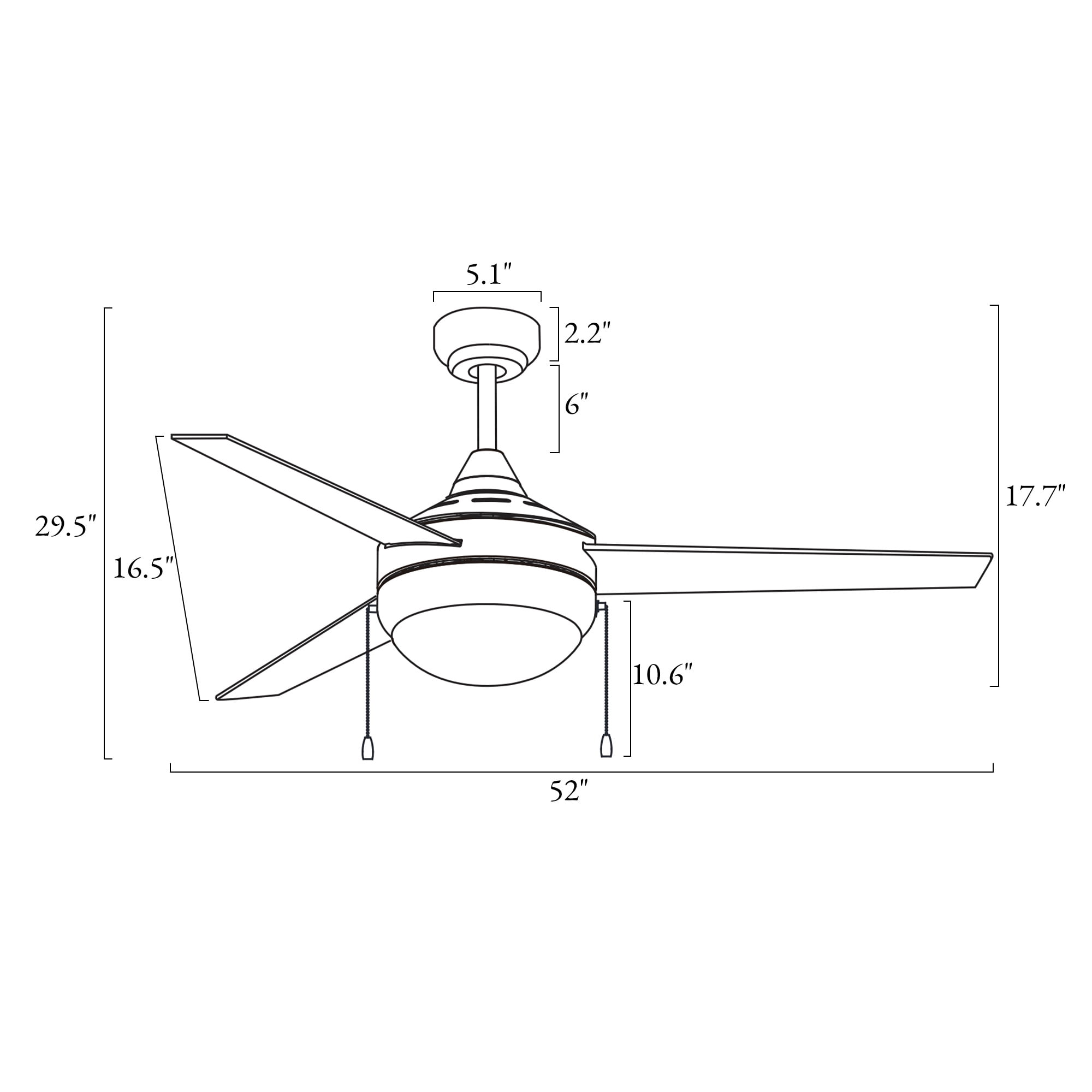 LNC 52 Inch Ceiling Fan,Brushed Nickel,3-Speed Pull Chain,2-Bulb E26 LED,Downrod Mount,Indoor,4600 CFM
