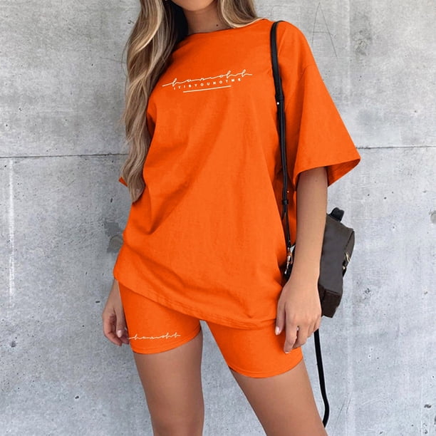 MKLEKYY Conjunto De Pantalones Cortos Casuales Holgados Con Estampado De Letras Para Mujer, Top De Manga Corta Y Pantalones Con Cordón