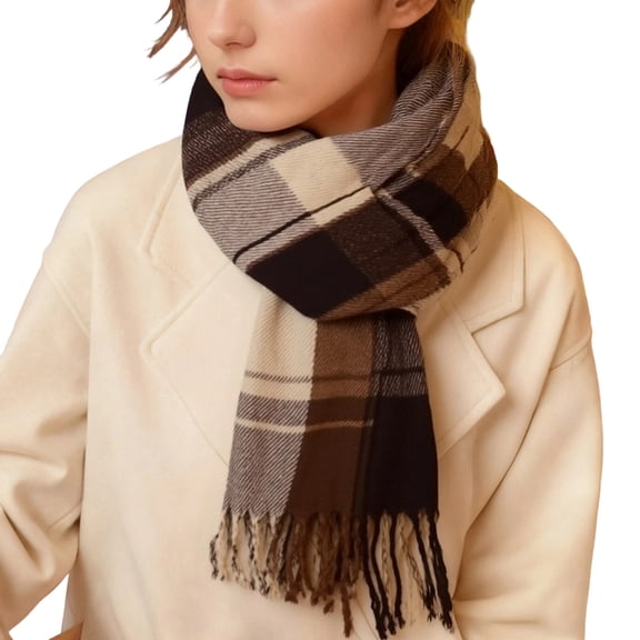 Kvture Comfort Warm Checker Tassel End Scarf Shawl Wraps For Women Large Blanket Winter Scarves Soft Lightweight Coffee Shawl Free Size