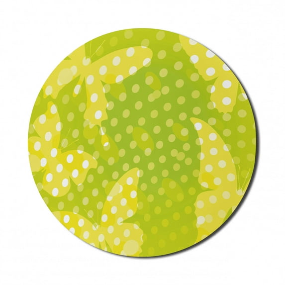 Digital Mouse Pad for Computers, Modern Design with Butterfly Shapes and Polka Dots Nature Print, Round Non-Slip Thick Rubber Modern Gaming Mousepad, 8" Round, Pale Green Yellow, by Ambesonne