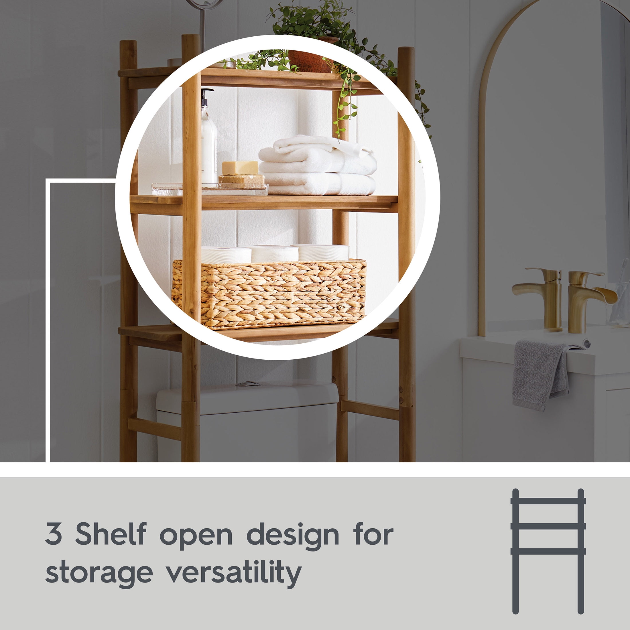 Better Homes & Gardens Springwood Acacia Wood over-the-Toilet Space Saver Cabinet, 3 Shelves, Honey