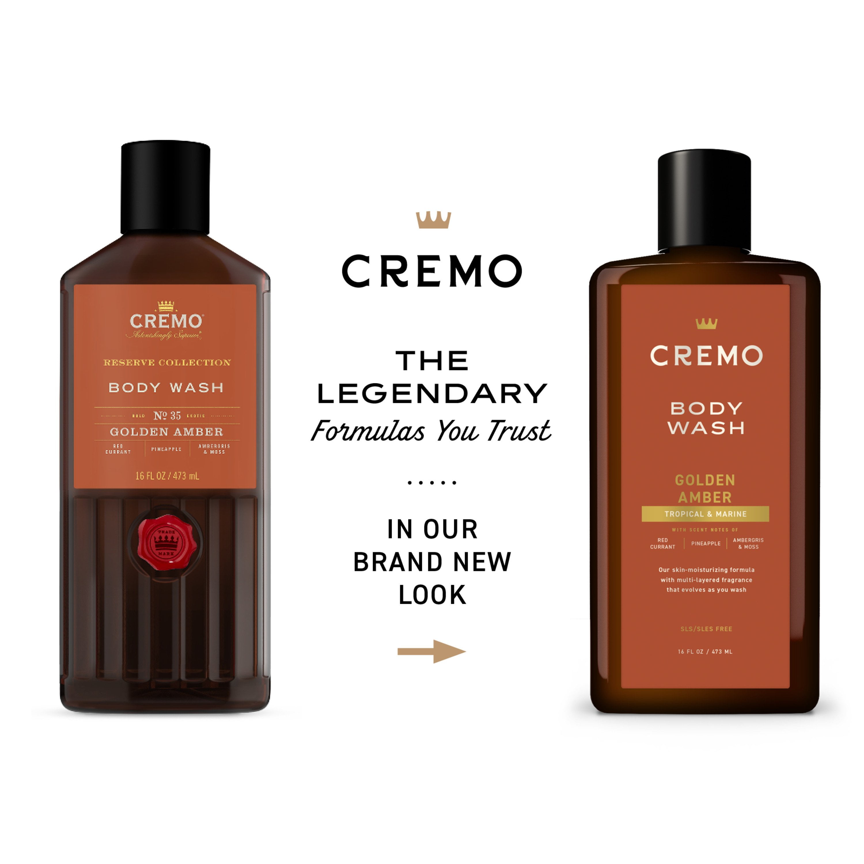 Cremo Golden Amber Body Wash for Men, Tropical & Marine with Scent Notes of Red Currant, Pineapple, Ambergris, and Moss, 16 FL OZ - 4 Pack
