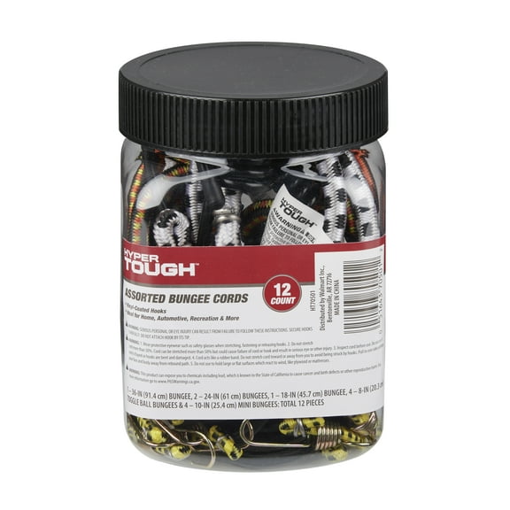 Hyper Tough Assorted Elastic Bungee Cords, 12-Count, (1) 36", (2) 24", (1) 18", (4) 8" Toggle Ball, and (4) 10" Mini